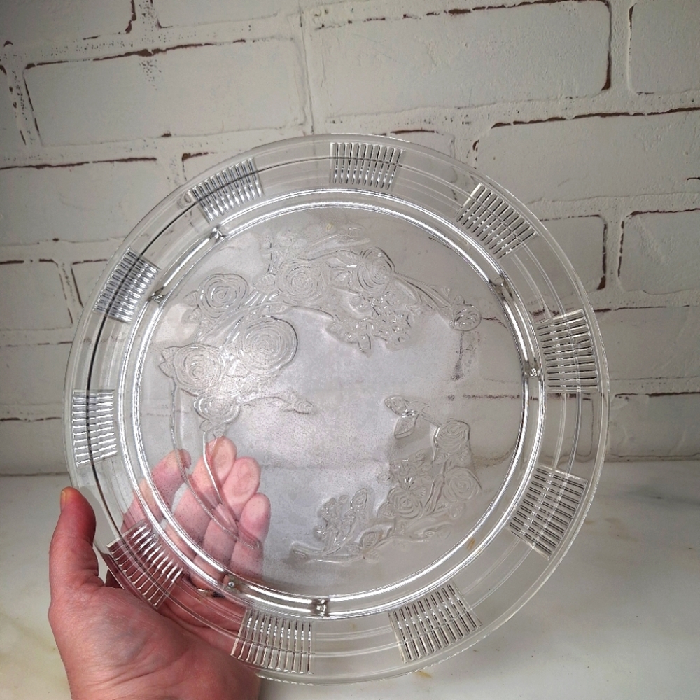 Vintage 1930s Federal Glass Co Sharon Cabbage Rose Footed Cake Plate Clear